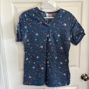 White Cross Blue Floral Print Women's Top